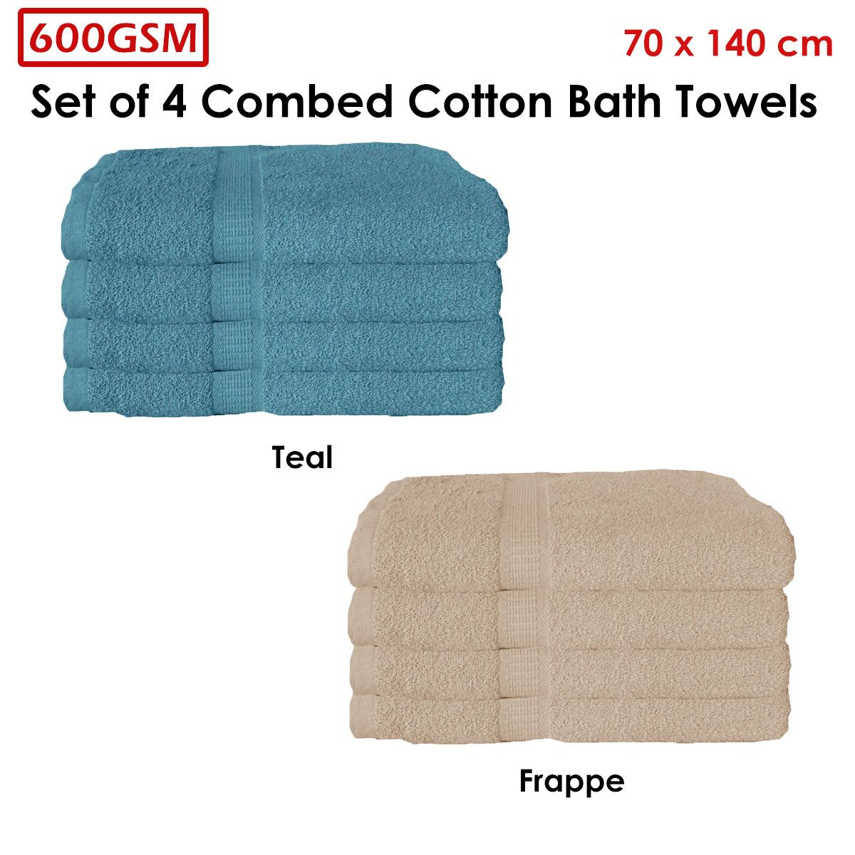 600GSM Set of 4 Combed Cotton Bath Towels 70 x 140 cm Teal V442-ATX-TOWEL-SETOF4600GSM-TEAL-RE