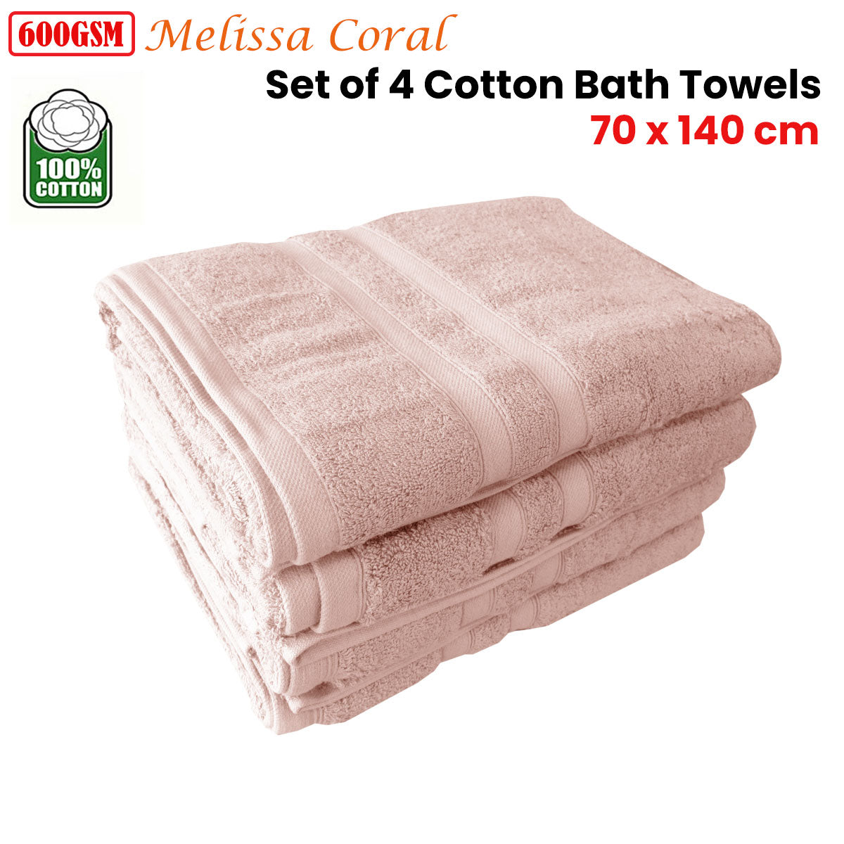 600GSM Set of 4 Melissa 100% Cotton Bath Towels Coral 70 x 140 cm V442-ATX-TOWEL-SETOF4MELISSABATH-CORAL-RE