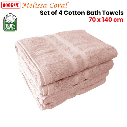600GSM Set of 4 Melissa 100% Cotton Bath Towels Coral 70 x 140 cm V442-ATX-TOWEL-SETOF4MELISSABATH-CORAL-RE