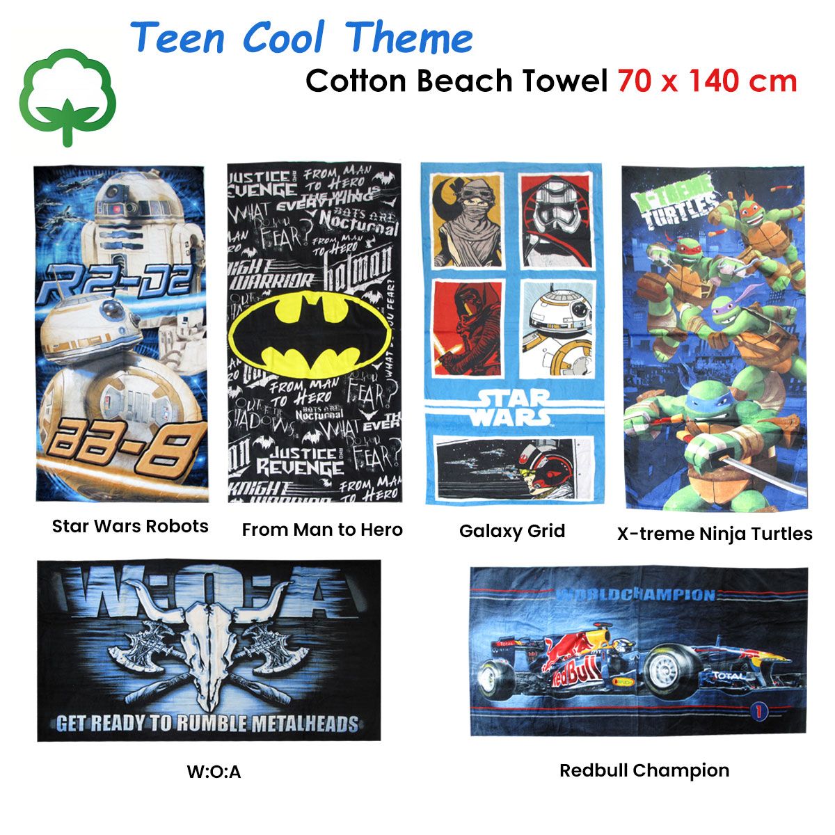 Teen Cool Theme Cotton Beach Towel 70 x 140 cm Star Wars Robots R2-D2 BB-8 V442-ATX-TOWEL-STARWARSROBOTS-MULTI-RE