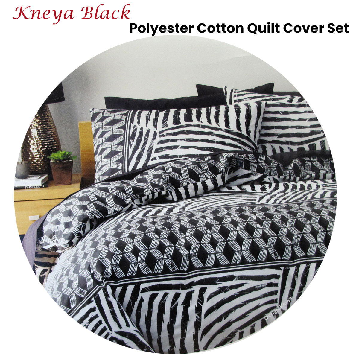 Homeport Kenya Black Printed Geometric Quilt Cover Set Double V442-AVT-QUILTCS-KENYA-BLACK-DS