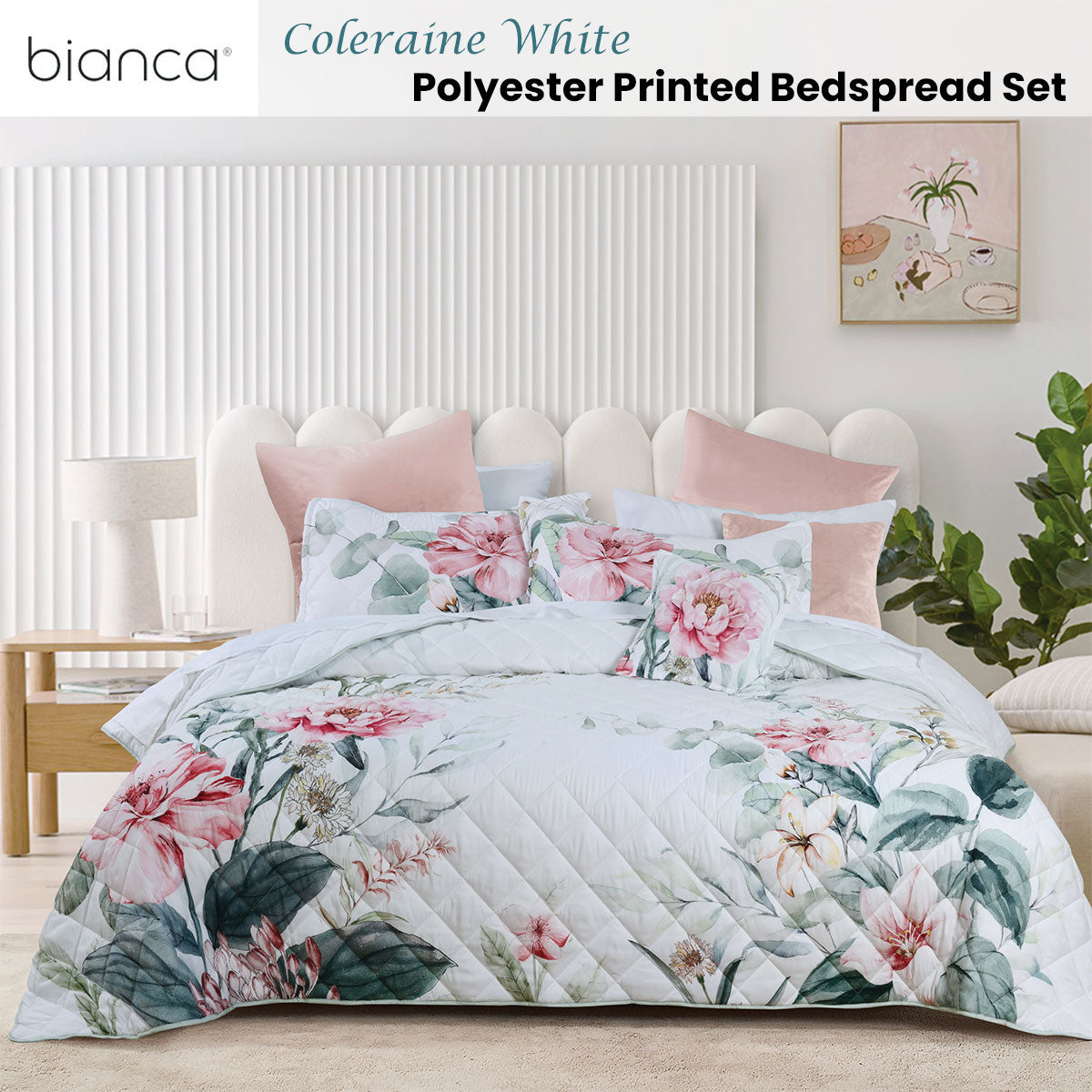 Bianca Coleraine White Floral Printed Bedspread Set Double V442-BCA-BEDSPREAD-COLERAINE-WHITE-DS