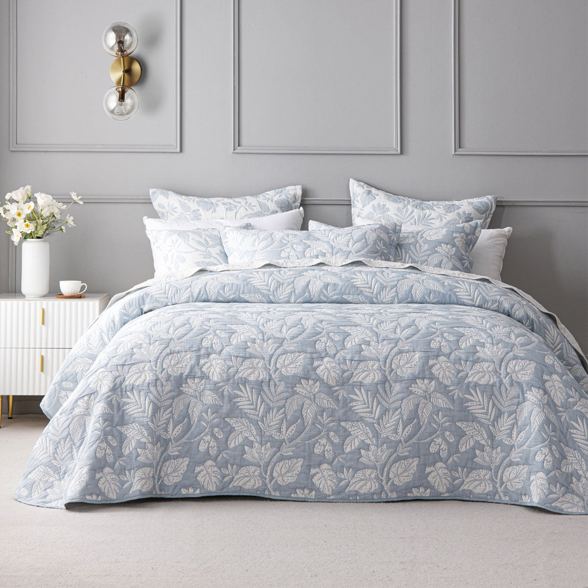 Bianca Laurieton Blue Jacquard Botanical Bedspread Set Double V442-BCA-BEDSPREAD-LAURIETON-BLUE-DS