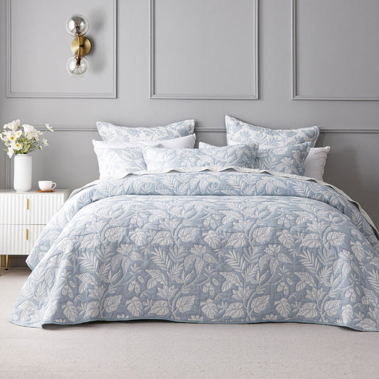 Bianca Laurieton Blue Jacquard Botanical Bedspread Set Single V442-BCA-BEDSPREAD-LAURIETON-BLUE-SB