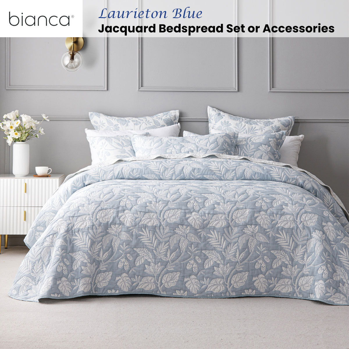 Bianca Laurieton Blue Jacquard Botanical Bedspread Set Single V442-BCA-BEDSPREAD-LAURIETON-BLUE-SB