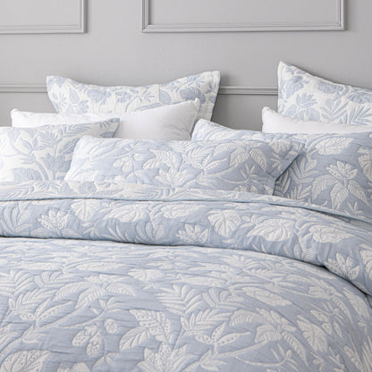 Bianca Laurieton Blue Jacquard Botanical Bedspread Set Single V442-BCA-BEDSPREAD-LAURIETON-BLUE-SB