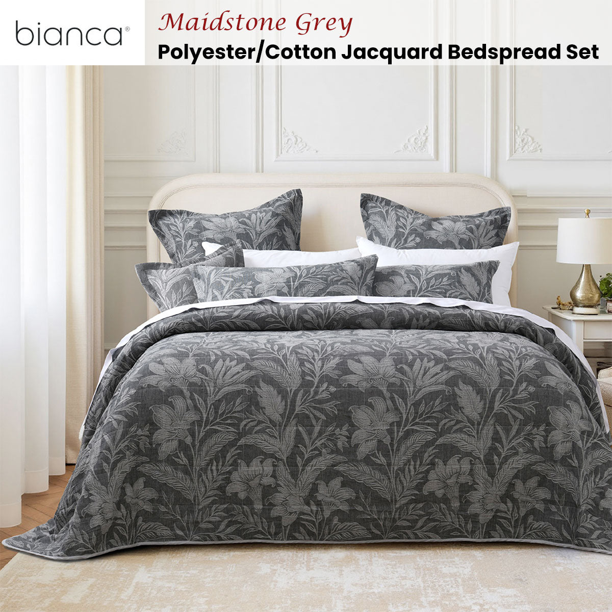 Bianca Maidstone Grey Floral Jacquard Bedspread Set King V442-BCA-BEDSPREAD-MAIDSTONE-GREY-KI