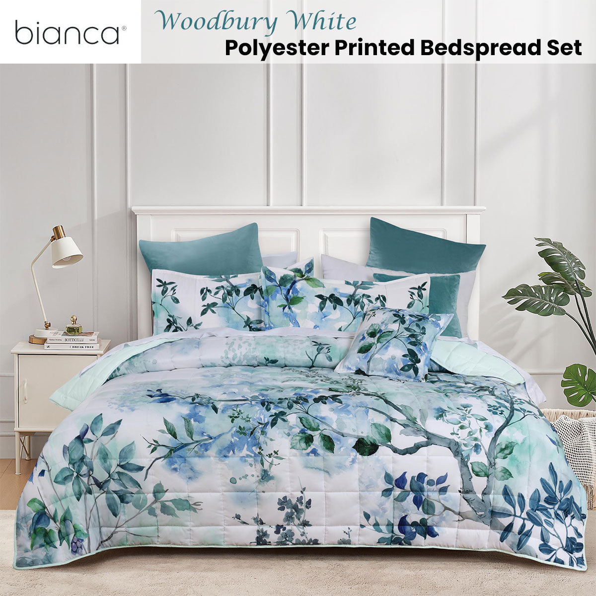 Bianca Woodbury White Botanical Printed Bedspread Set Double V442-BCA-BEDSPREAD-WOODBURY-WHITE-DS