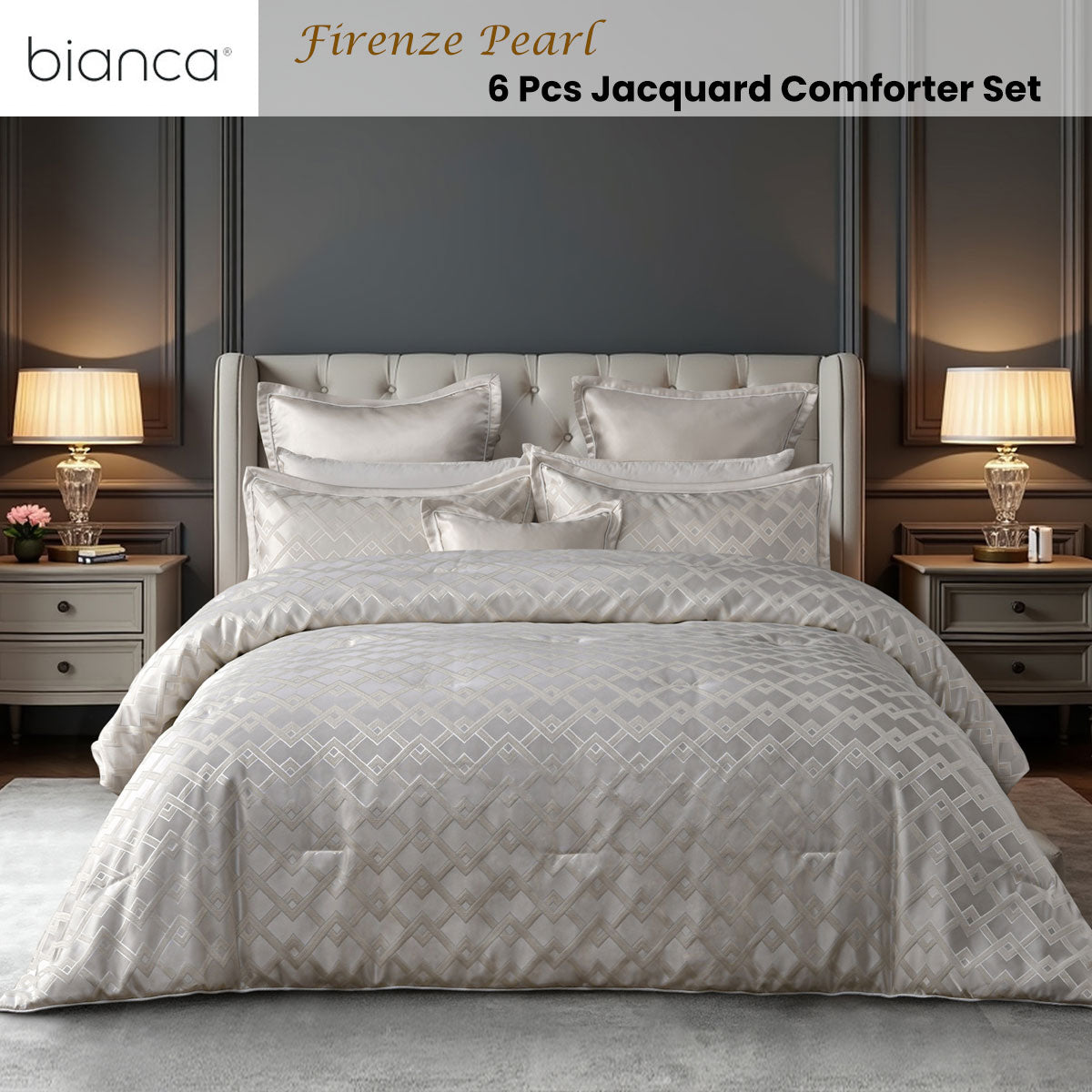 Bianca Firenze Pearl 6 Pcs Jacquard Geometric Comforter Set Queen/King V442-BCA-COMFORTER-FIRENZE-PEARL-KI