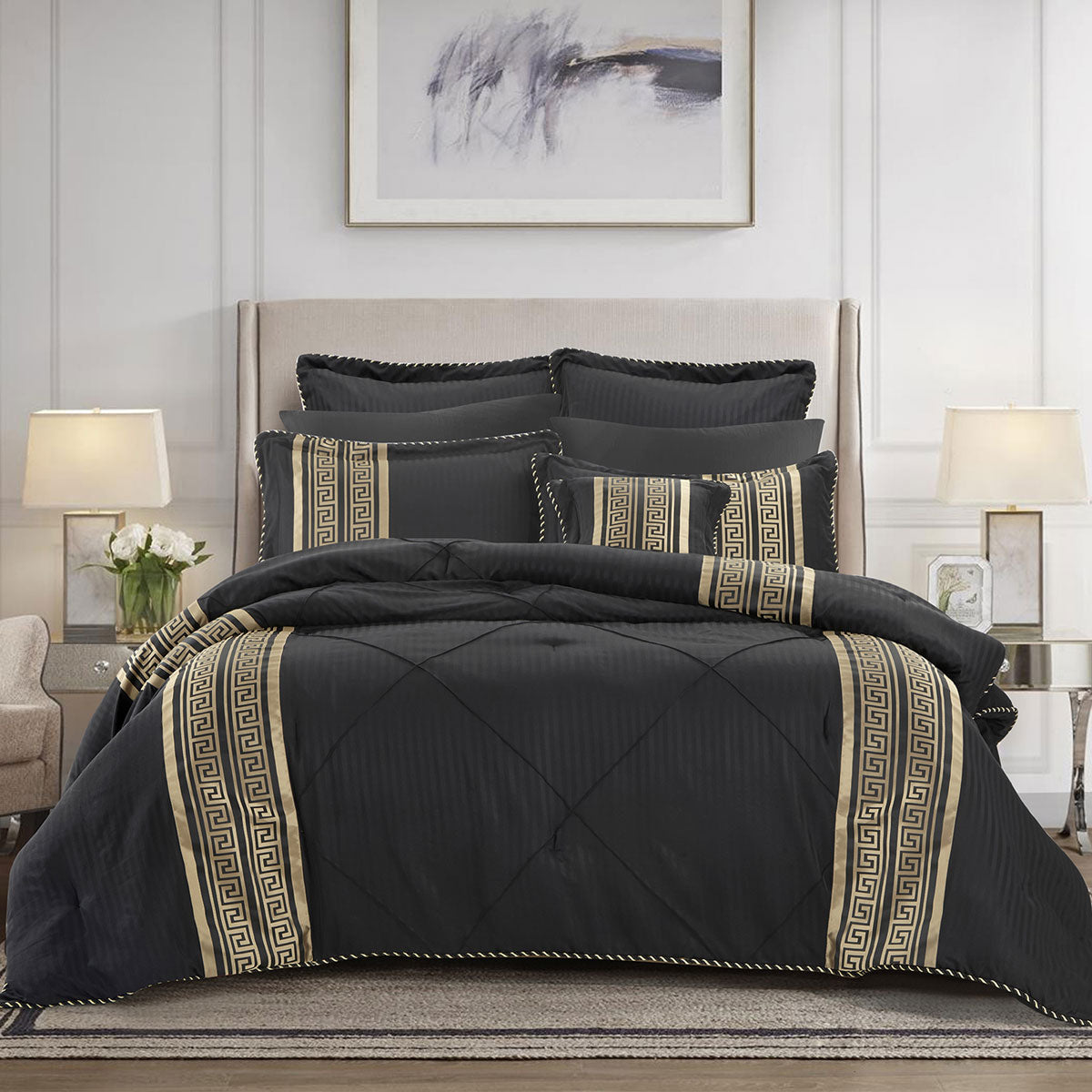 Bianca Raffaello Black 6 Pcs Jacquard Comforter Set Queen/King V442-BCA-COMFORTER-RAFFAELLO-BLACK-KI