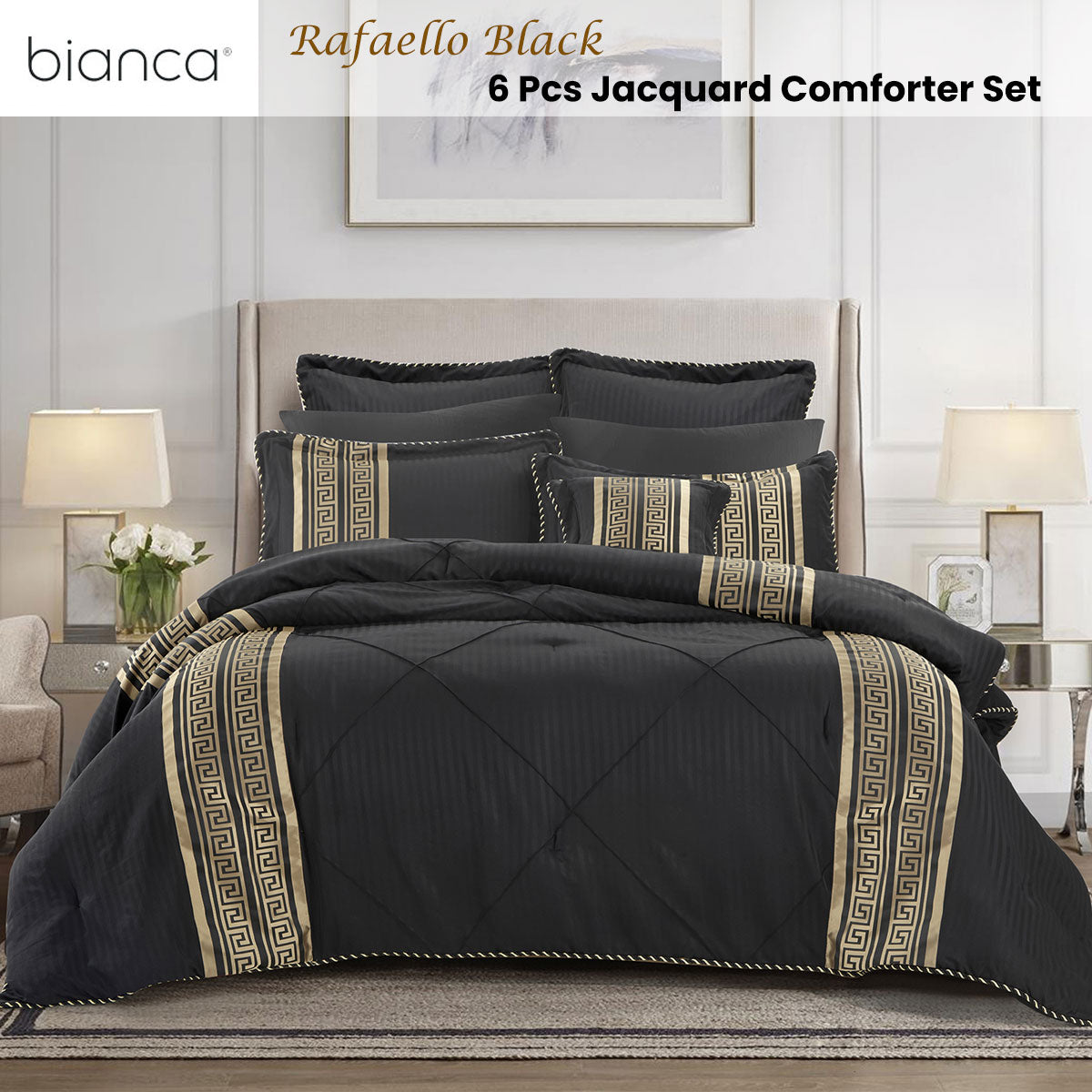 Bianca Raffaello Black 6 Pcs Jacquard Comforter Set Queen/King V442-BCA-COMFORTER-RAFFAELLO-BLACK-KI