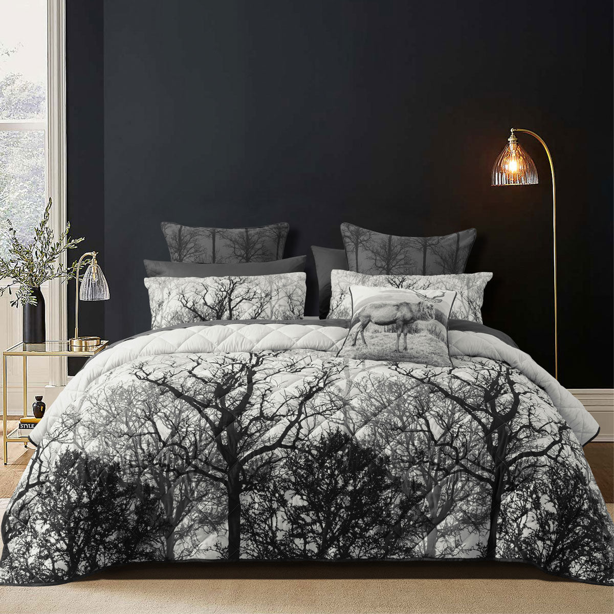 Bianca Boscage Black Forest Printed Quilted Polyester Coverlet Set Super King V442-BCA-COVERLETS-BOSCAGE-BLACK-SK