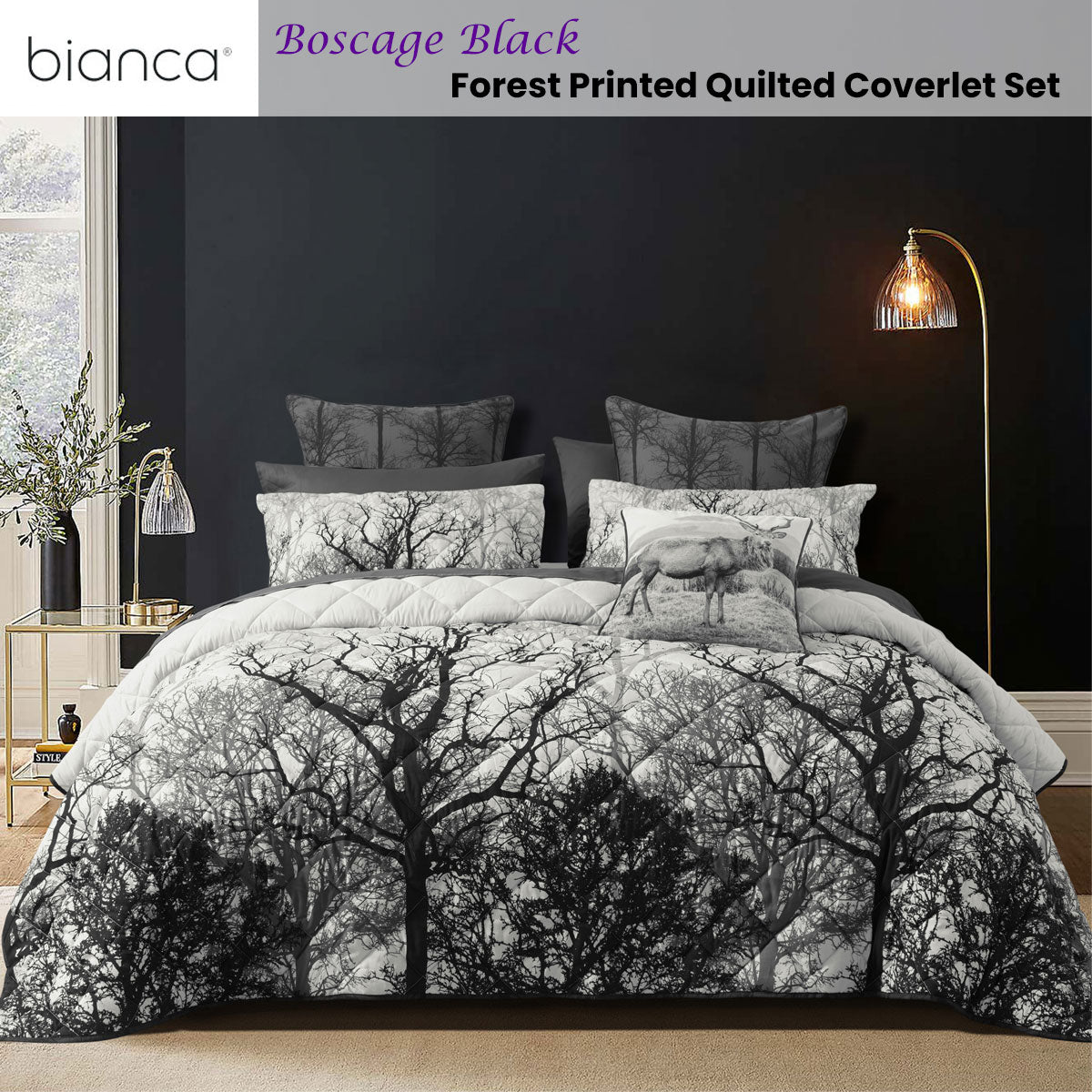 Bianca Boscage Black Forest Printed Quilted Polyester Coverlet Set Super King V442-BCA-COVERLETS-BOSCAGE-BLACK-SK
