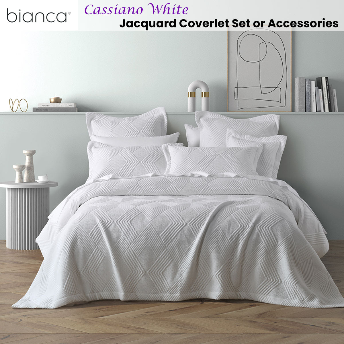Bianca Cassiano White Polyester Jacquard Coverlet Set Single/Double V442-BCA-COVERLETS-CASSIANO-WHITE-DS