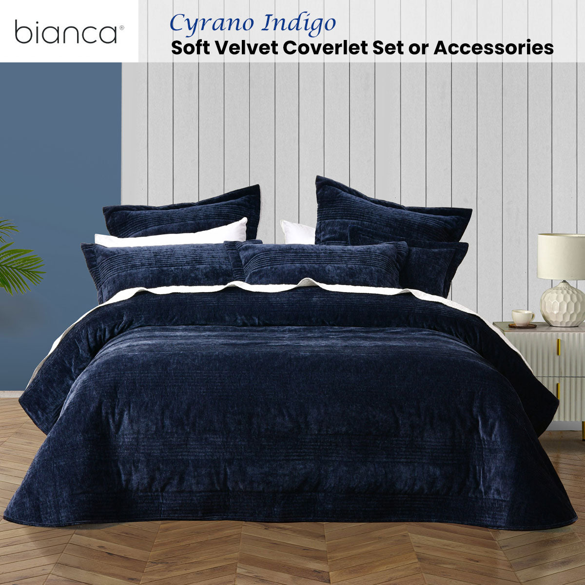 Bianca Cyrano Indigo Soft Velvet Polyester Quilted Coverlet Set Super King V442-BCA-COVERLETS-CYRANO-INDIGO-SK