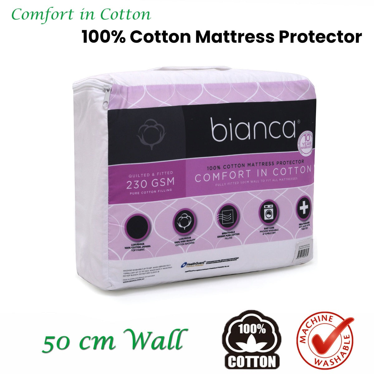 Bianca Comfort in Cotton Mattress Protector Long Single V442-BCA-MATTRESSP-COTTON-WHITE-LS