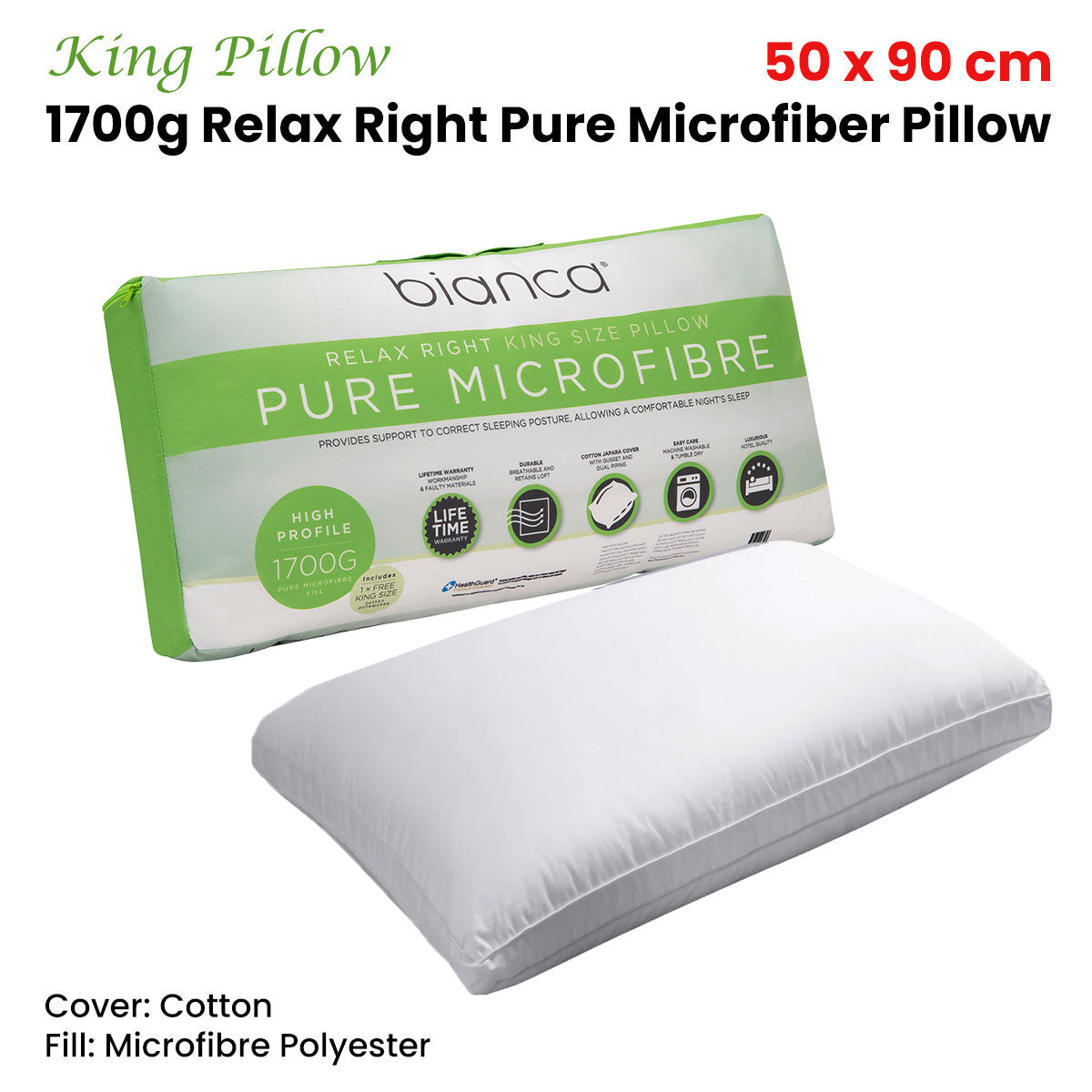 Bianca 1700g Relax Right Pure Microfiber King Pillow 50 x 90cm V442-BCA-PILLOW-RELAXMF-WHITE-KI