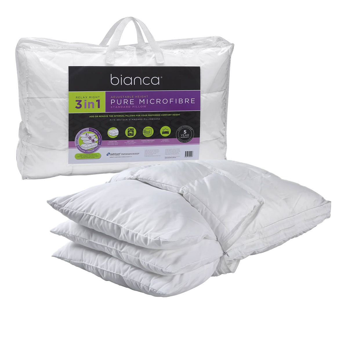 Bianca 1150g Relax Right Pure Microfiber 3 in 1 Adjustable Standard Pillow 49 x 72cm V442-BCA-PILLOW-RELAXMF3IN1-WHITE-ST