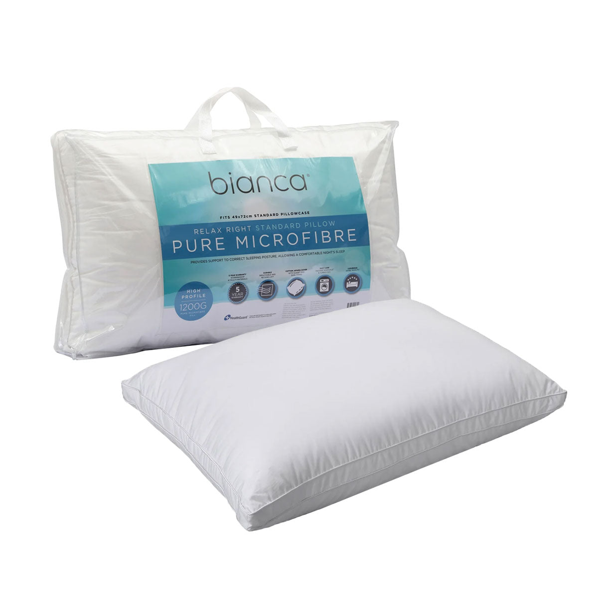 Bianca 1200g Relax Right Pure Microfiber High Profile Standard Pillow 49 x 72cm V442-BCA-PILLOW-RELAXMFHIGH-WHITE-ST