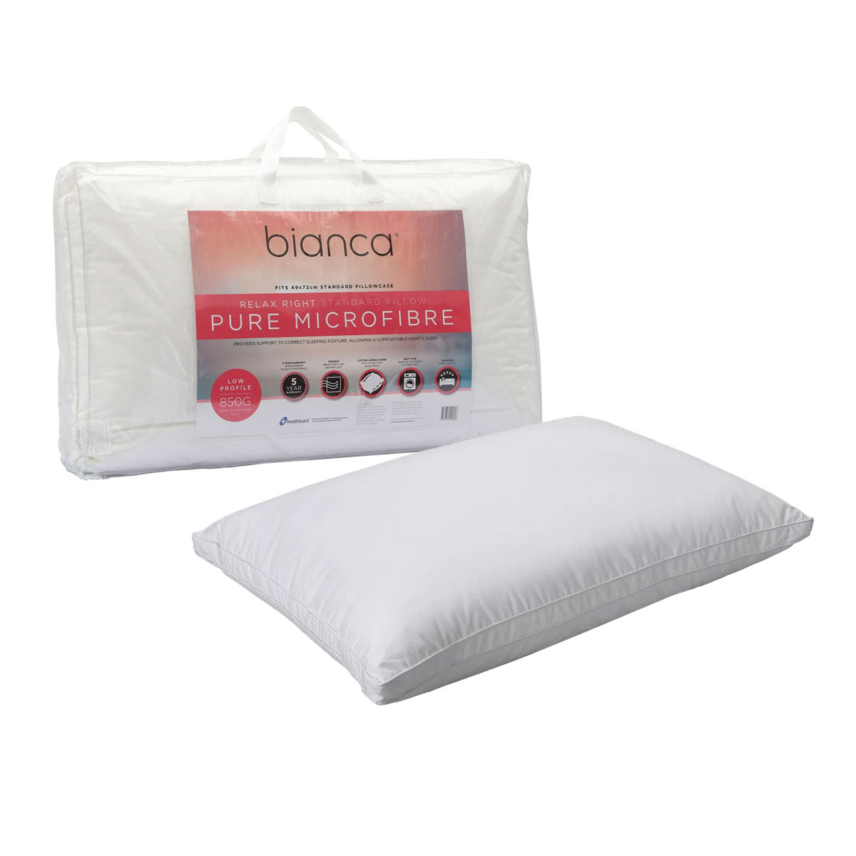 Bianca 850g Relax Right Pure Microfiber Low Profile Standard Pillow 49 x 72cm V442-BCA-PILLOW-RELAXMFLOW-WHITE-ST