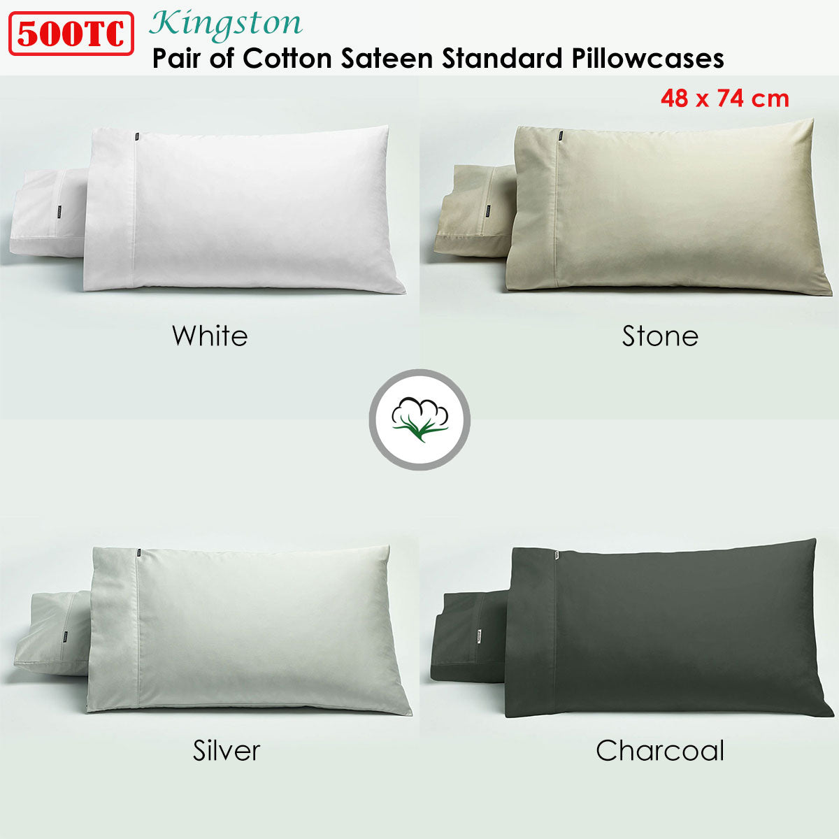 Bianca Pair of 500TC Cotton Sateen Standard Pillowcases Charcoal V442-BCA-PILLOWC-500TCCOTTON-CHARCOAL-ST