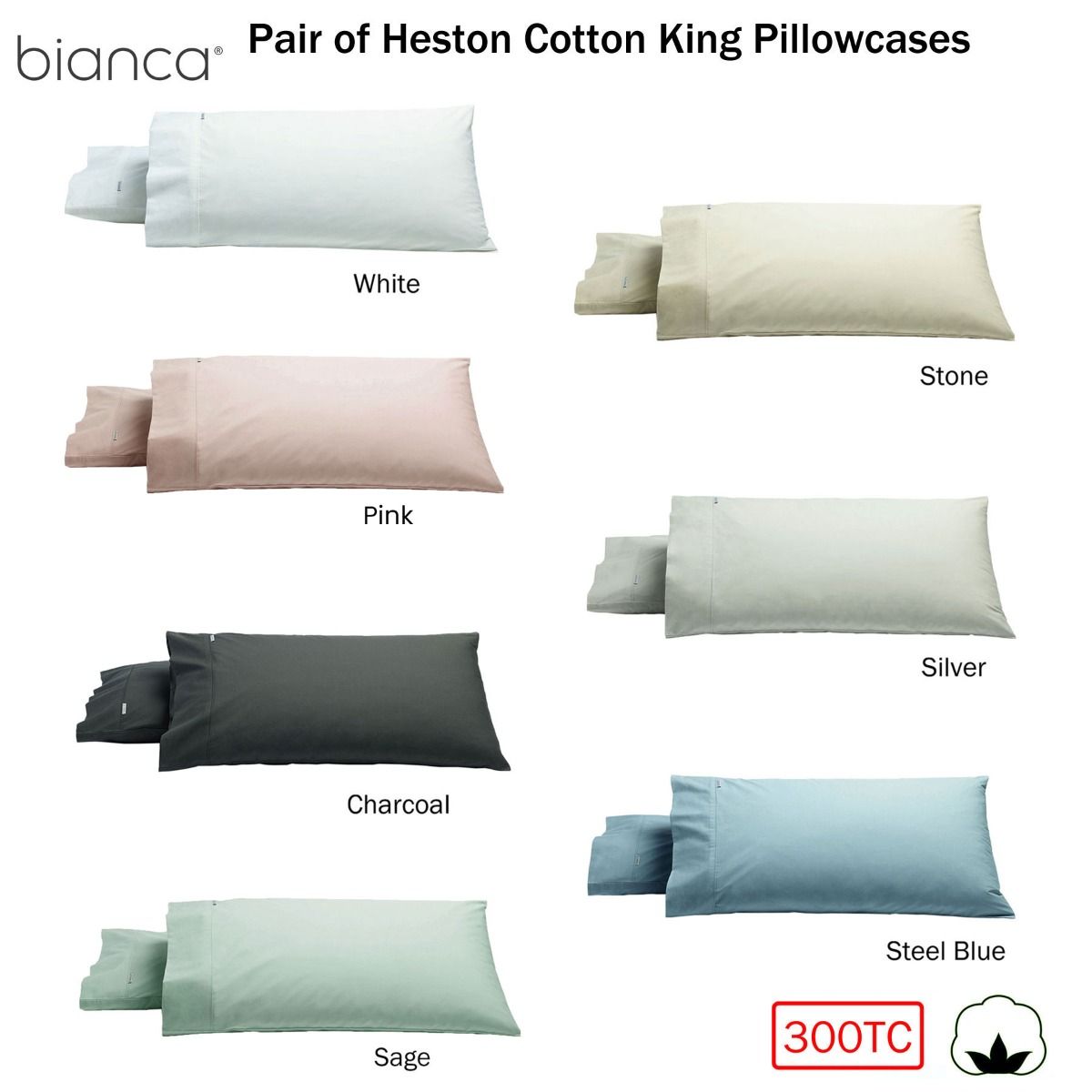Bianca Pair of Heston Cotton Percale King Pillowcases Charcoal V442-BCA-PILLOWC-HESTON-CHARCOAL-KI