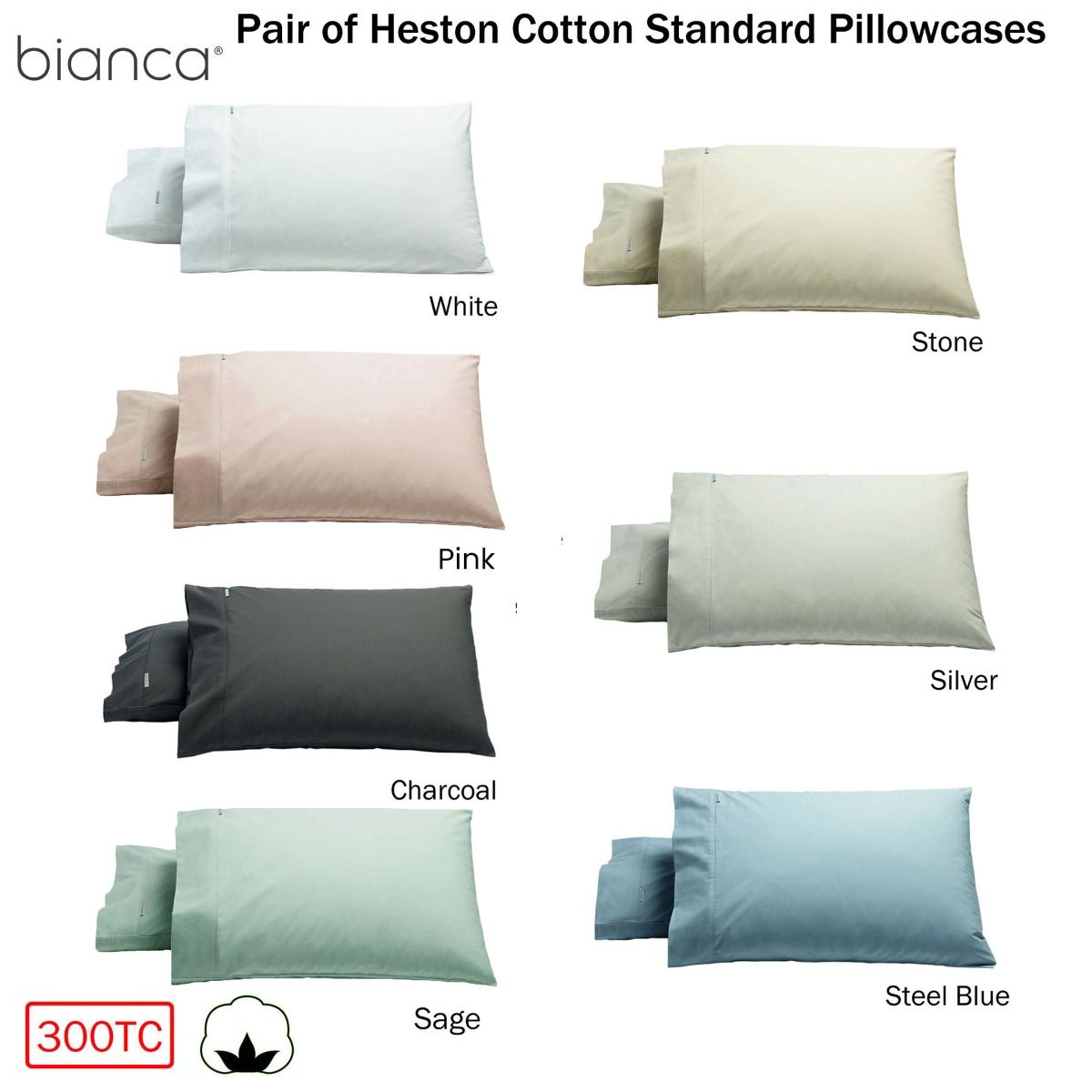 Bianca Pair of Heston Cotton Percale Standard Pillowcases White V442-BCA-PILLOWC-HESTON-WHITE-ST