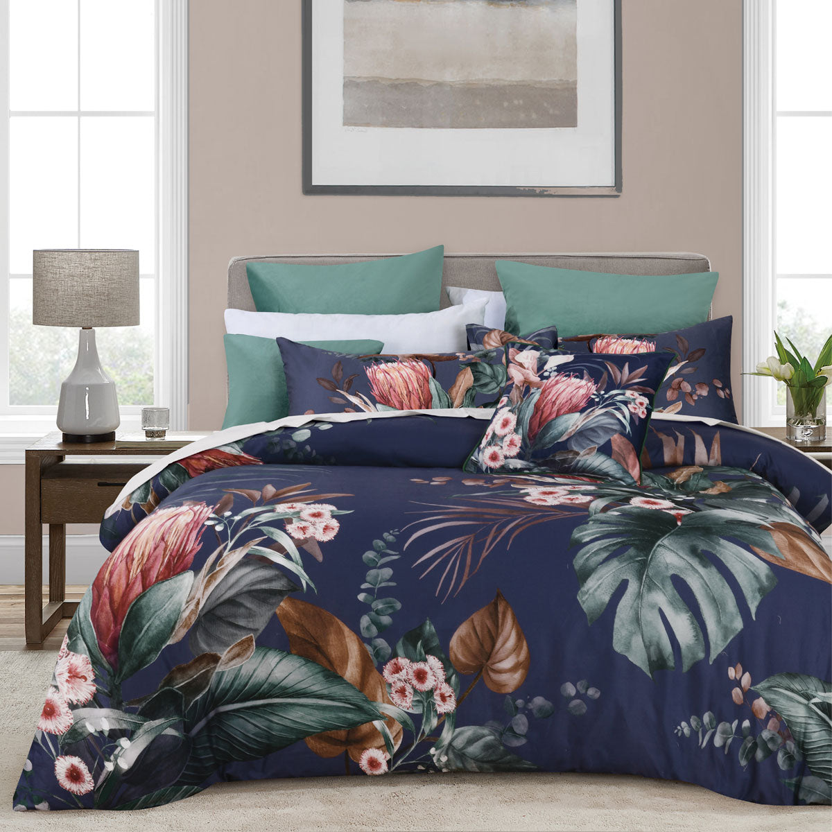 Bianca Balwyn Navy Cotton Sateen Botanical Quilt Cover Set Queen V442-BCA-QUILTCS-BALWYN-NAVY-QS