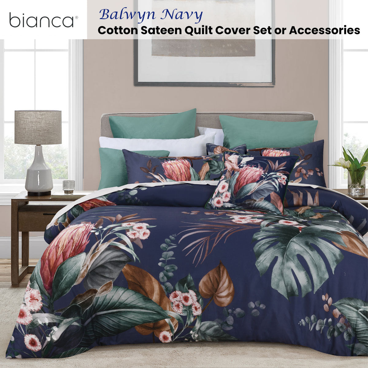 Bianca Balwyn Navy Cotton Sateen Botanical Quilt Cover Set Super King V442-BCA-QUILTCS-BALWYN-NAVY-SK