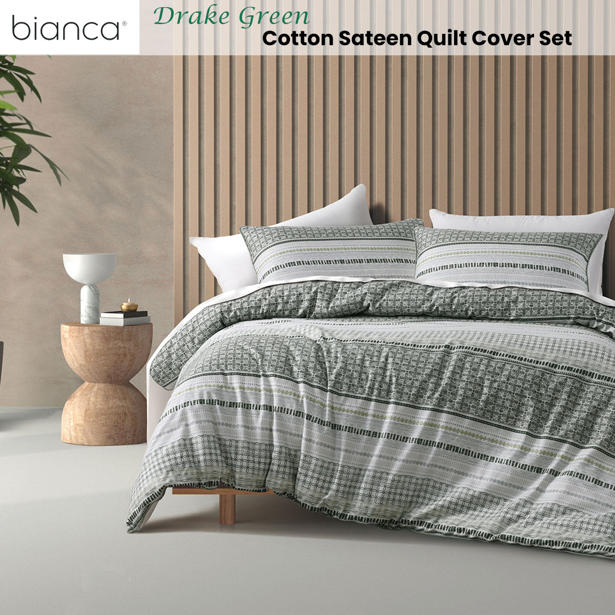 Bianca Drake Green Cotton Sateen Quilt Cover Set King V442-BCA-QUILTCS-DRAKE-GREEN-KI