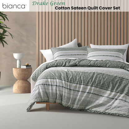 Bianca Drake Green Cotton Sateen Quilt Cover Set King V442-BCA-QUILTCS-DRAKE-GREEN-KI
