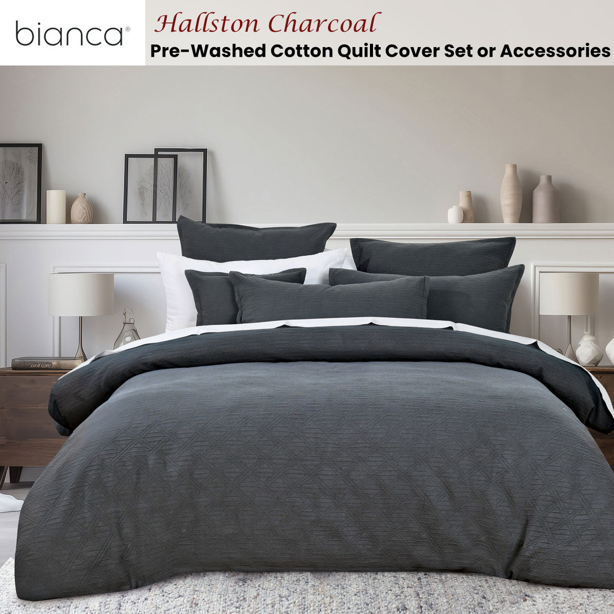 Bianca Hallston Charcoal Pre-Washed Cotton Quilt Cover Set King V442-BCA-QUILTCS-HALLSTON-CHARCOAL-KI