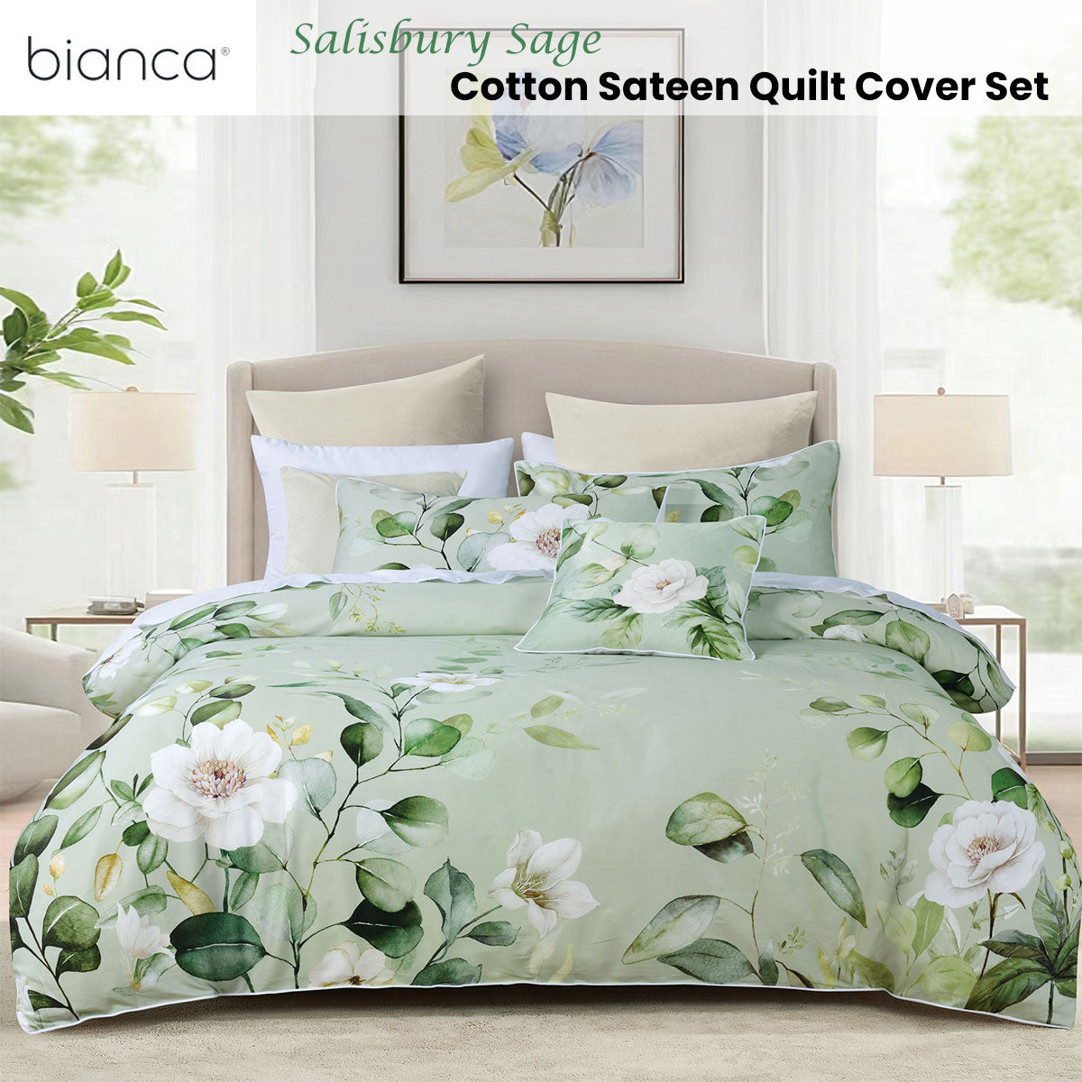 Bianca Salisbury Sage Floral Cotton Sateen Quilt Cover Set Queen V442-BCA-QUILTCS-SALISBURY-SAGE-QS