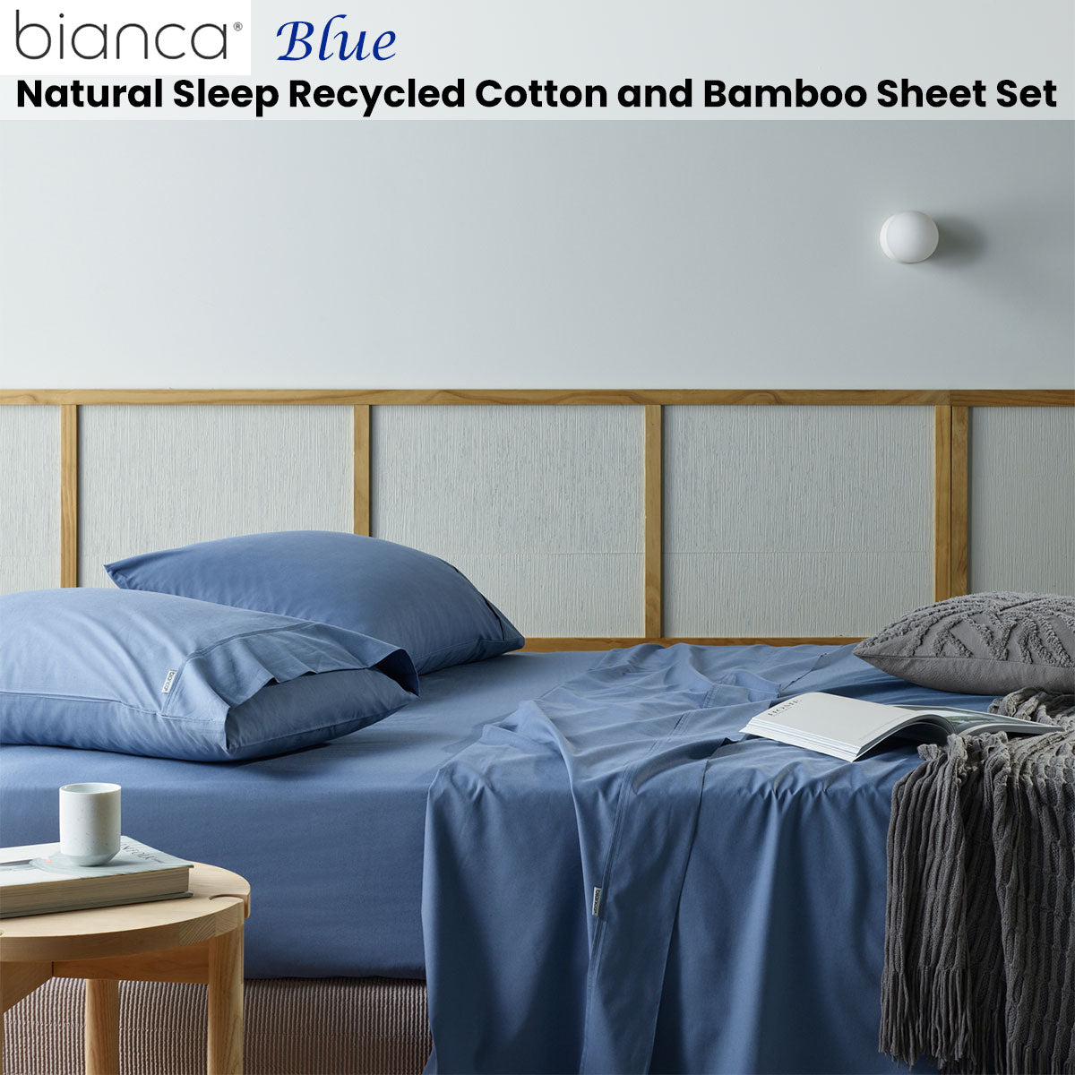 Bianca Natural Sleep Recycled Cotton and Bamboo Sheet Set Blue Split King V442-BCA-SHEETS-RECYCLEDCB-BLUE-SPK