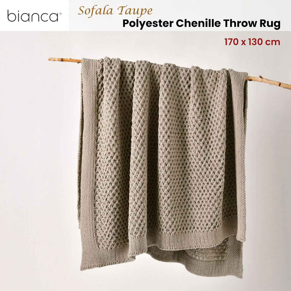 Bianca Sofala Taupe Polyester Chenille Throw Rug 130 x 170 cm V442-BCA-THROW-SOFALA-TAUPE-RE