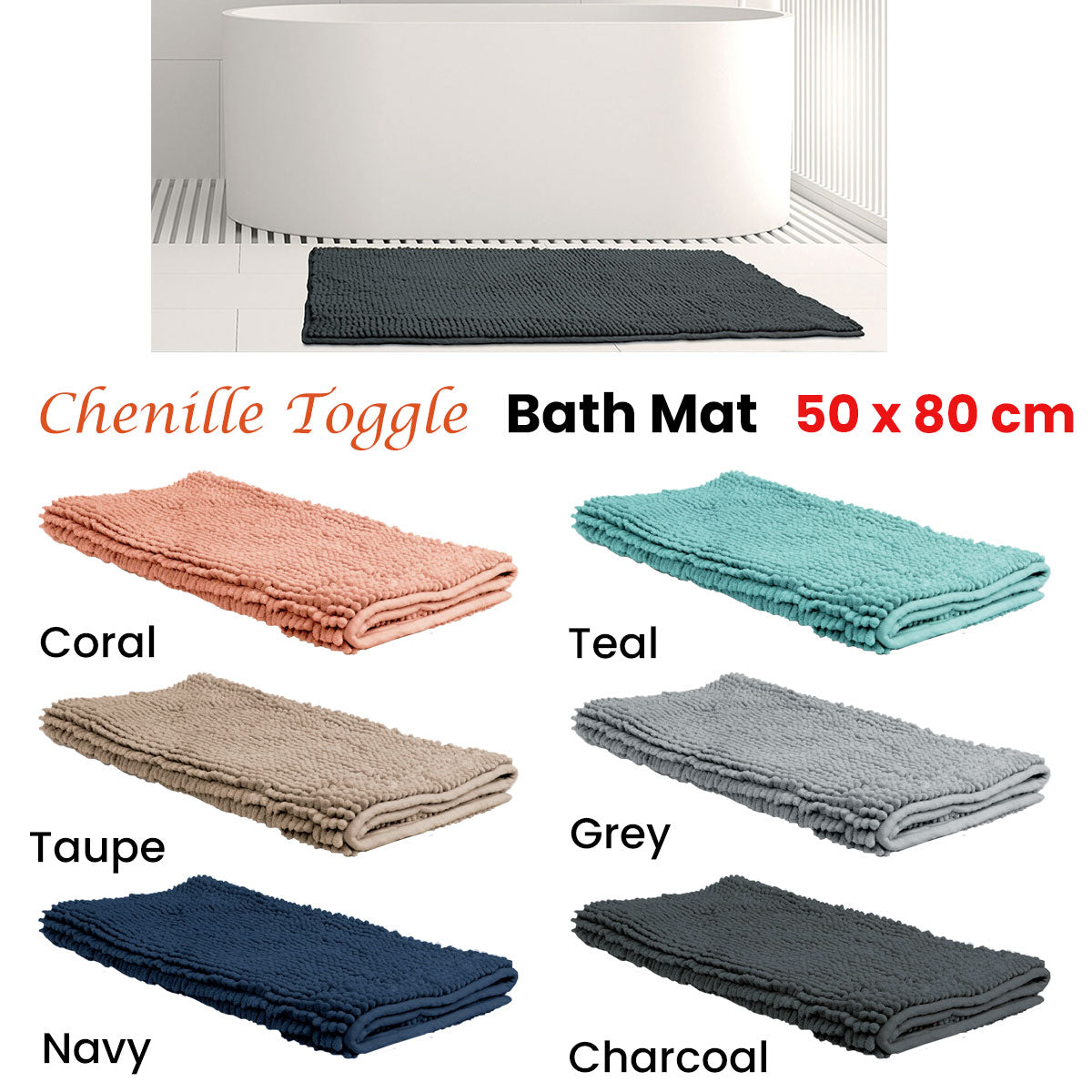 Chenille Toggle Bath Mat 50 x 80cm Coral V442-BZO-BATHM-CHANILLETOGGLE-CORAL-RE