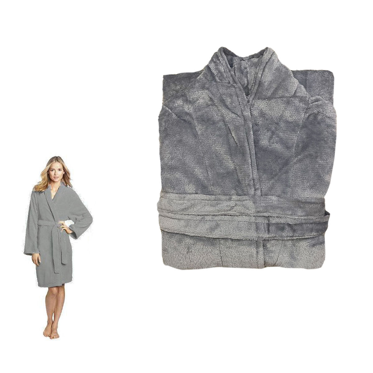 190GSM Ultra Soft Plush Fleece Bath Robe Grey L V442-BZO-BATHROBE-PLUSH-GREY-L