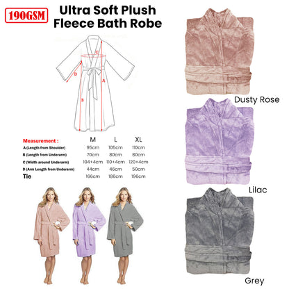 190GSM Ultra Soft Plush Fleece Bath Robe Grey L V442-BZO-BATHROBE-PLUSH-GREY-L