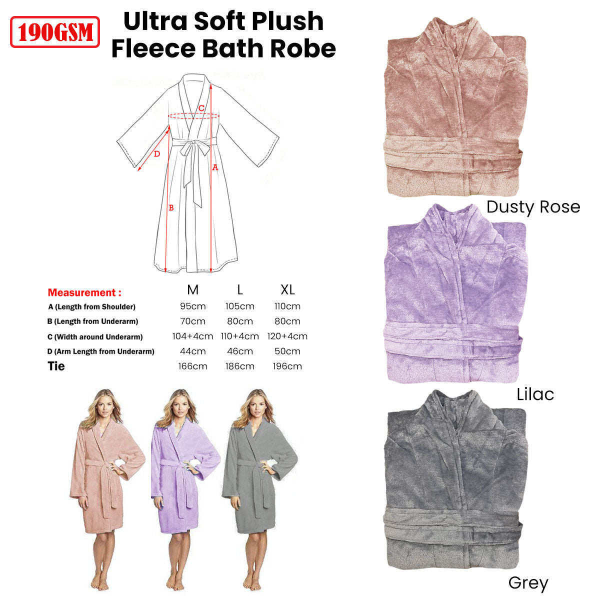 190GSM Ultra Soft Plush Fleece Bath Robe Grey M V442-BZO-BATHROBE-PLUSH-GREY-M