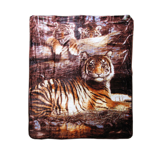 375gsm 1 Ply 3D Print Faux Mink Blanket Queen 200x240 cm Tiger Family V442-BZO-BLANKET-3753DTIGER-BROWN-QS