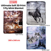 375gsm 1 Ply 3D Print Faux Mink Blanket Queen 200x240 cm Winter Wolf V442-BZO-BLANKET-3753DWINTERWOLF-BLUE-QS