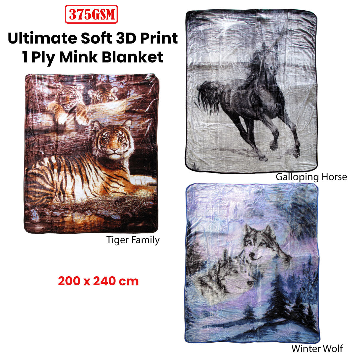 375gsm 1 Ply 3D Print Faux Mink Blanket Queen 200x240 cm Winter Wolf V442-BZO-BLANKET-3753DWINTERWOLF-BLUE-QS