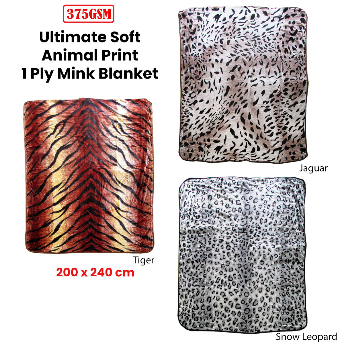 375gsm 1 Ply Animal Print Faux Mink Blanket Queen 200x240 cm Jaguar V442-BZO-BLANKET-375ANIMALJAGUAR-TAUPE-QS