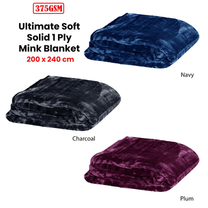 375gsm 1 Ply Solid Faux Mink Blanket Queen 200x240 cm Navy V442-BZO-BLANKET-375SOLID-NAVY-QS