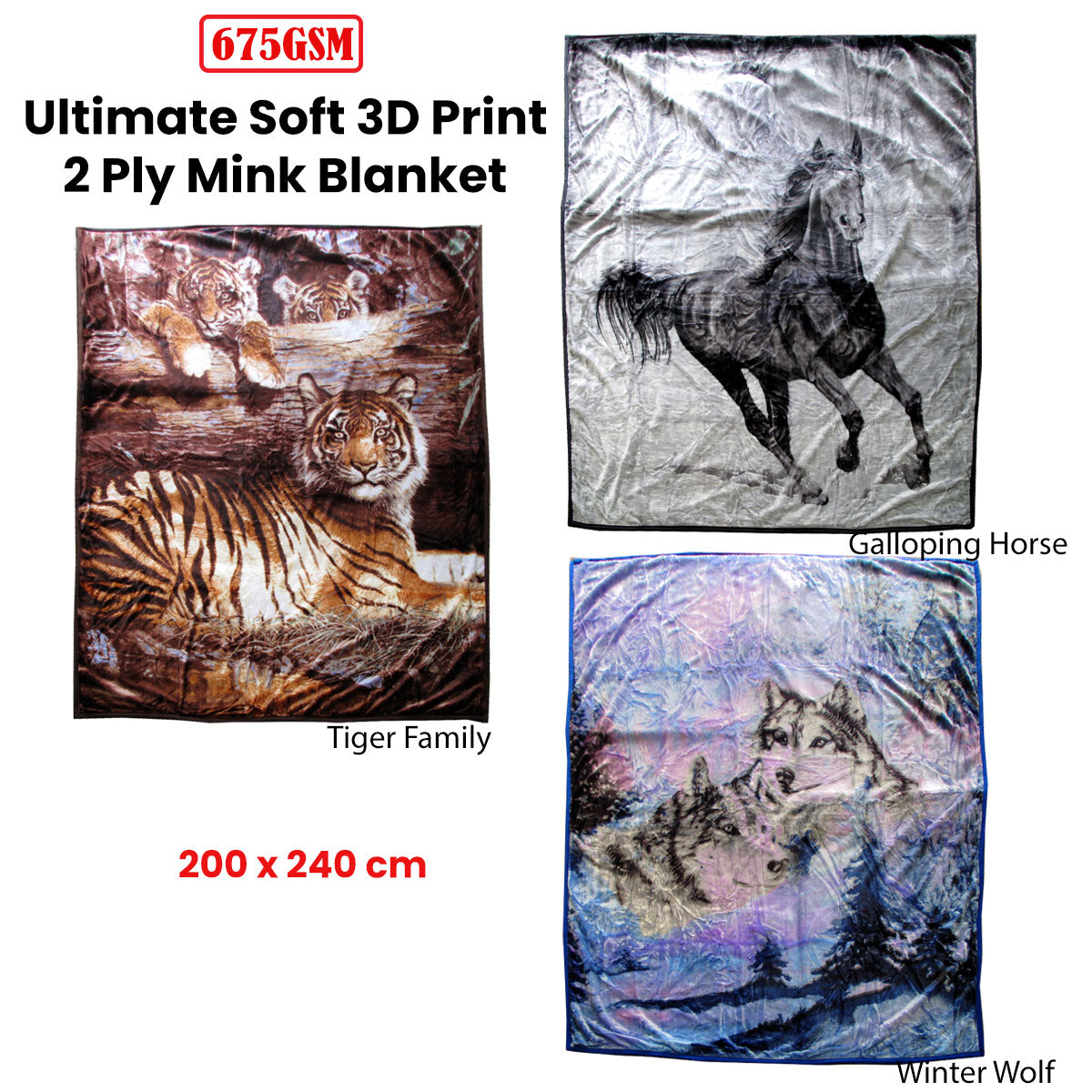 675gsm 2 Ply 3D Print Faux Mink Blanket Queen 200x240 cm Galloping Horse V442-BZO-BLANKET-6753DHORSE-SILVER-QS
