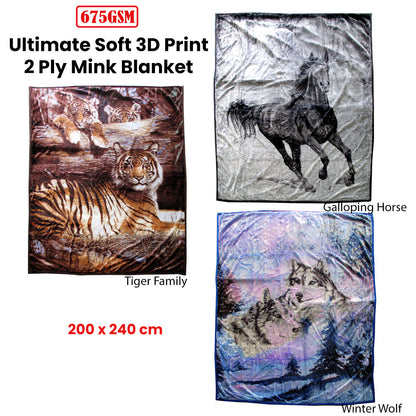 675gsm 2 Ply 3D Print Faux Mink Blanket Queen 200x240 cm Galloping Horse V442-BZO-BLANKET-6753DHORSE-SILVER-QS