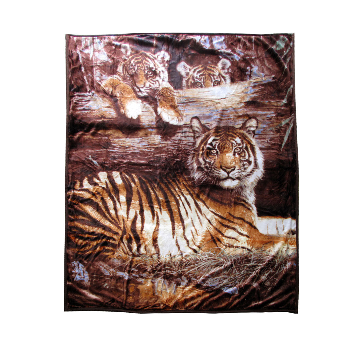 675gsm 2 Ply 3D Print Faux Mink Blanket Queen 200x240 cm Tiger Family V442-BZO-BLANKET-6753DTIGER-BROWN-QS
