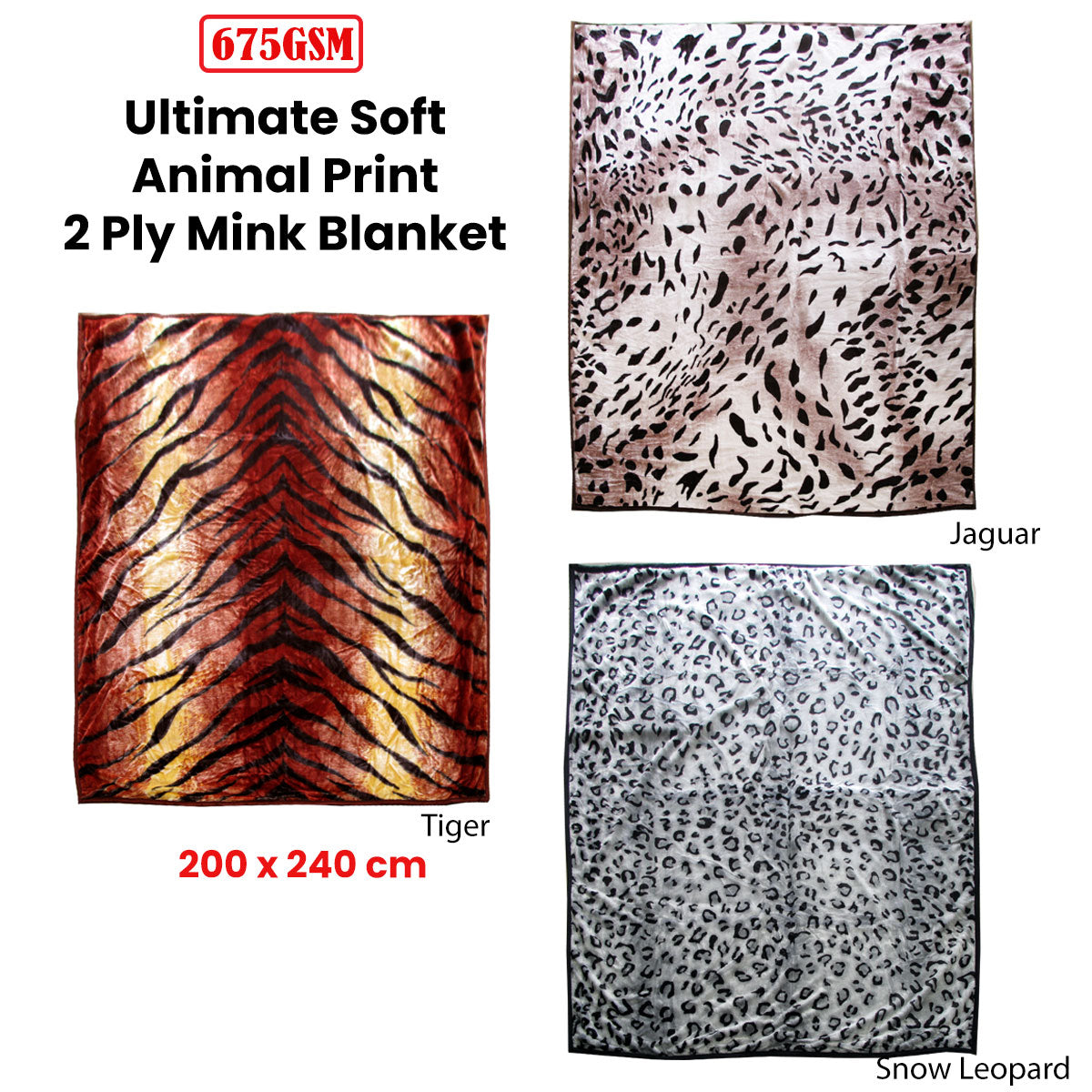 675gsm 2 Ply Animal Print Faux Mink Blanket Queen 200x240 cm Tiger V442-BZO-BLANKET-675ANIMALTIGER-RED-QS