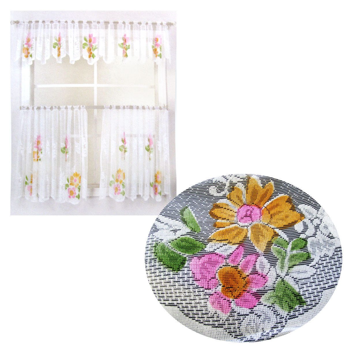 3 Pce Cafe Blooms Lace Kitchen Curtain Set V442-BZO-CURTAIN-3PCEBLOOMS3521-WHITE-RE