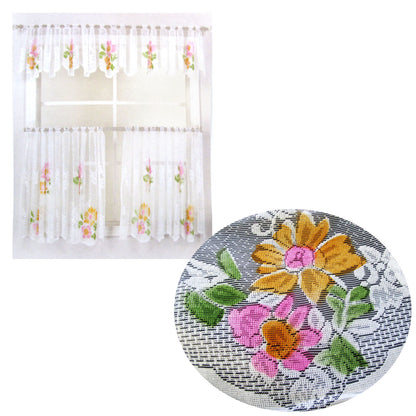 3 Pce Cafe Blooms Lace Kitchen Curtain Set V442-BZO-CURTAIN-3PCEBLOOMS3521-WHITE-RE